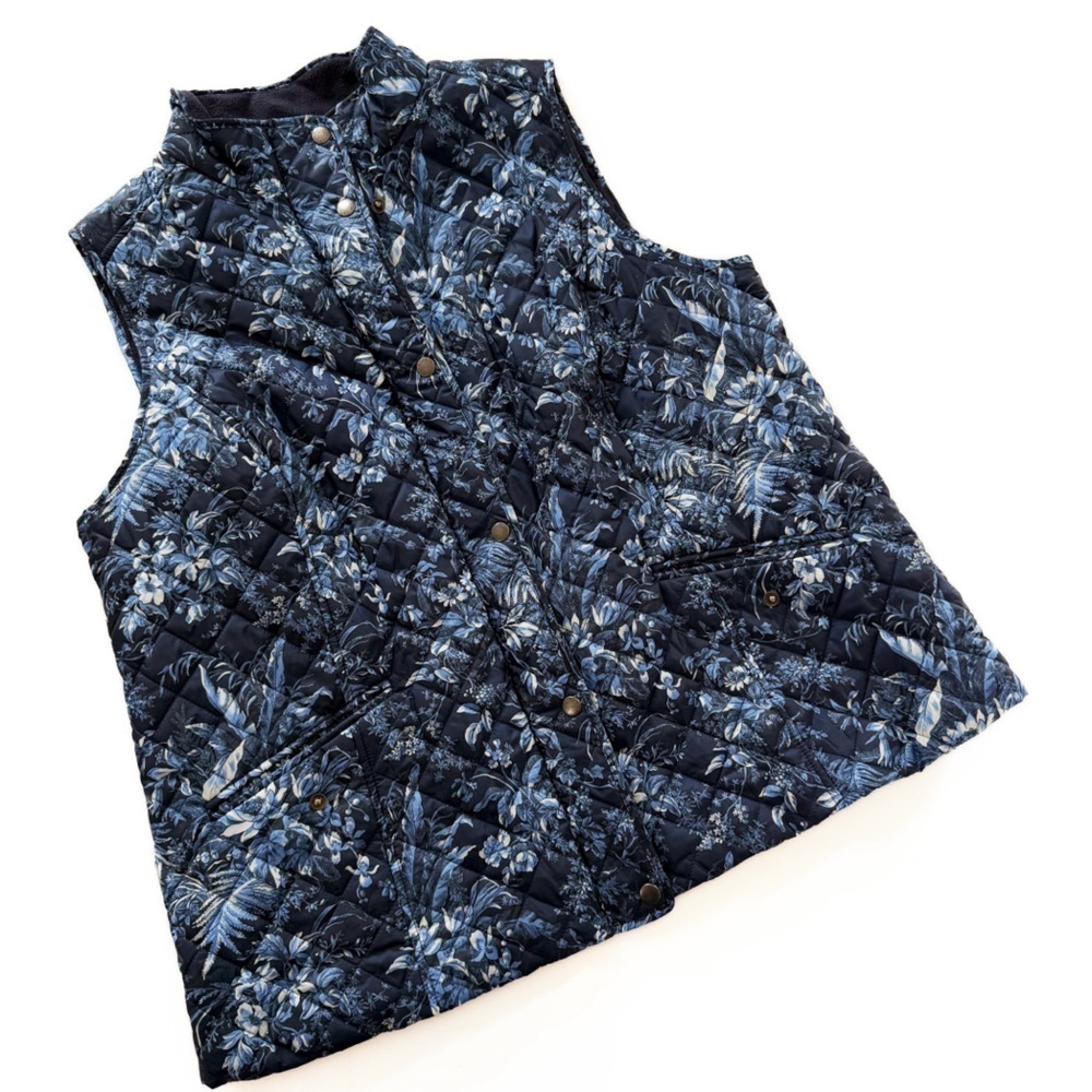 Talbots Vest Jacket Womens Sz 1X Blue Floral Fleece Lined Quilted